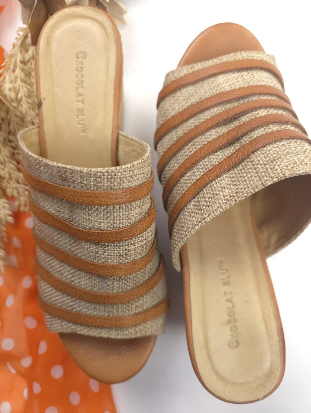 Chocolat Blu Woven Tan Cork Wedge Slide Sandals - Sz 8